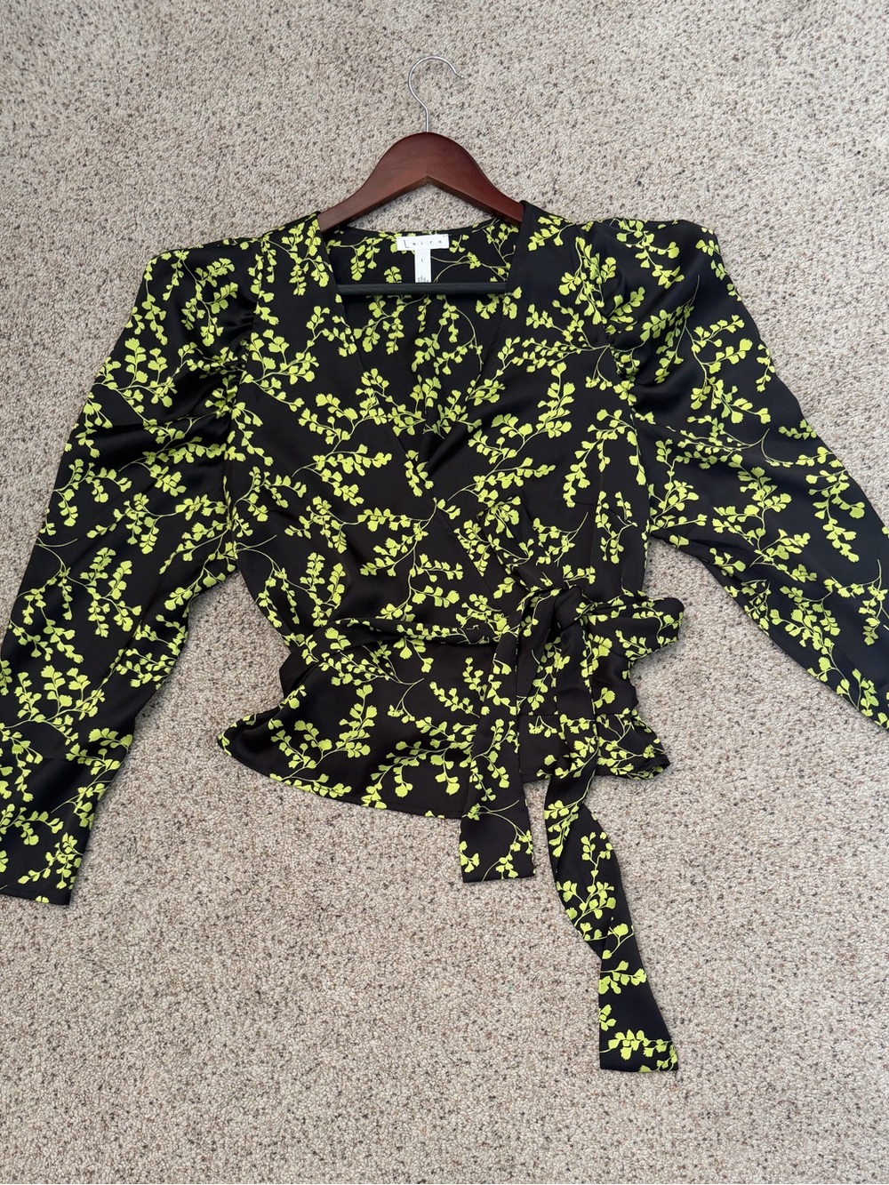 Leith Black Wrap Blouse with Lime Green Leaf Print